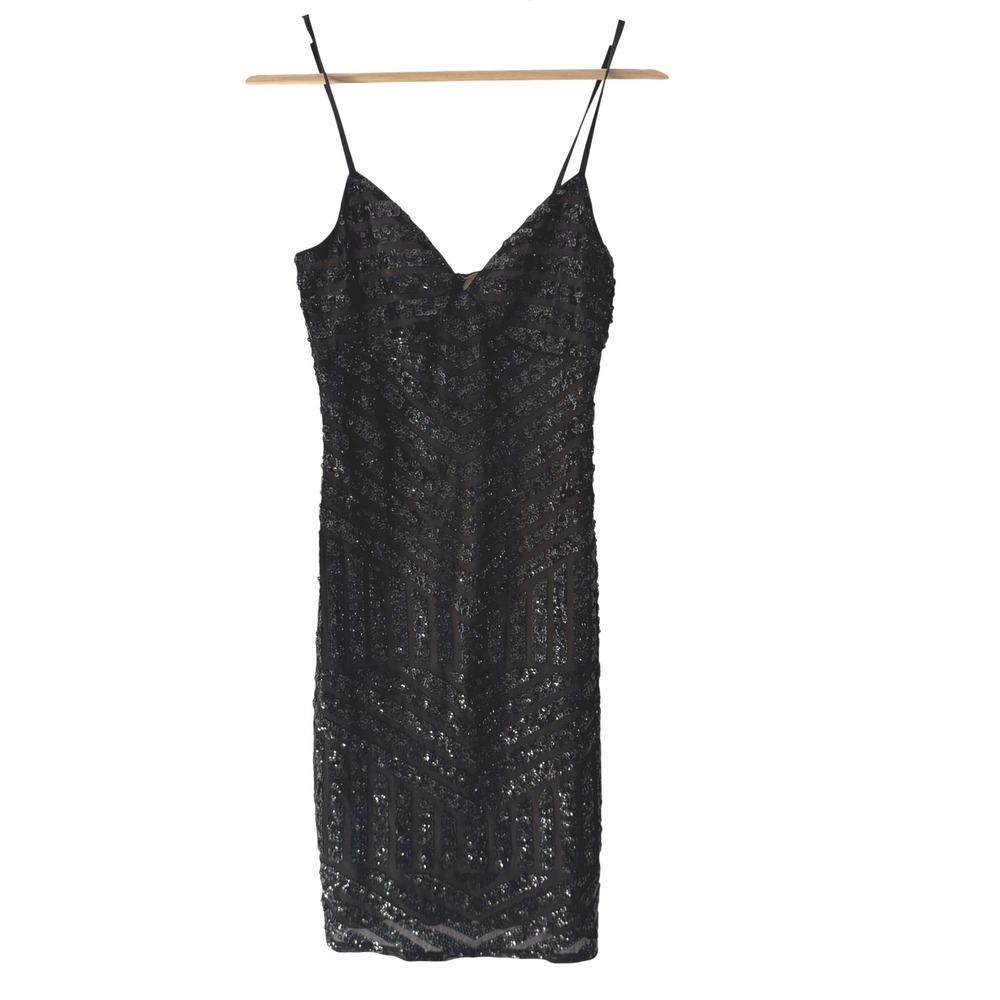 Express Black Sequin Geometric Chevron Mini Dress Womens V-Neck Bodycon LBD